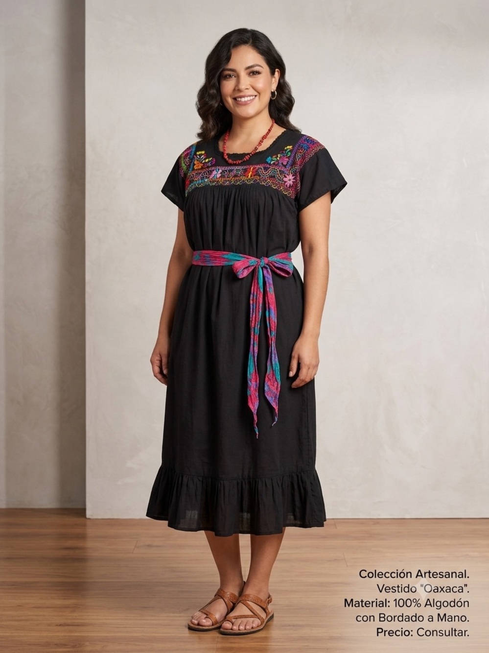 Hand Crafted Black Midi Dress with Multicolor Embroidered Yoke and Sash from
